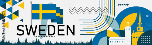 Fotografiet Sweden national day banner with geometric retro icons and Swedish flag map color scheme