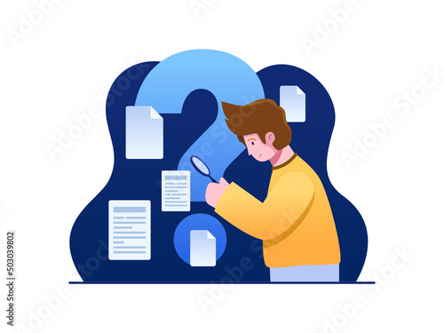 Vector Flat Illustration Confused People Searching Document or files And Can't Find It.
Can be used for search page, website, application or software, landing page, personal project, etc