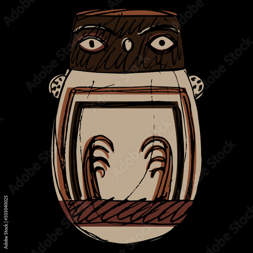 Stylized owl bird in egg shape. Ancient Peruvian animal design. Native American art. Nazca pottery. Hand drawn colorful rough sketch. On black background.