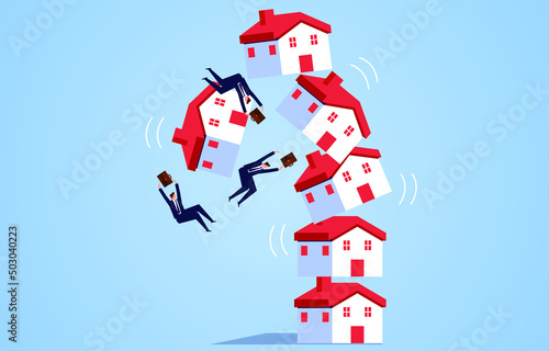 Stacked houses collapsed people falling from houses, declining real estate economy, less sales in real estate market.