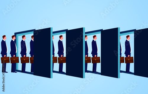 Group of businessmen standing inside the open door and waiting in line, businessman entering the door and businessman leaving the door, waiting for opportunities and challenges new opportunities