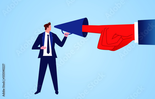 Refusing to listen and accepting opinion ideas, red finger plugs megaphone for businessman speaking