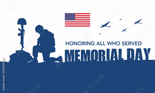 Soldiers silhouette saluting the USA flag for memorial day. Poster or banners illustration. USA flag as a background.