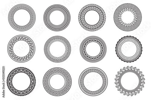 Circle greek frames. Round meander borders. Decoration elements patterns. Vector illustration isolated on white background.