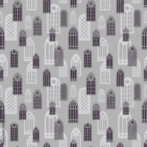 Gothic windows seamless pattern. Silhouette of vintage stained glass church frames. Vector.