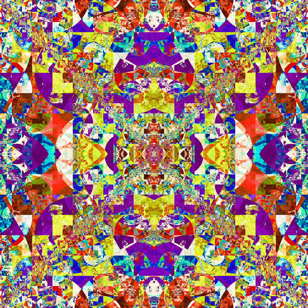 Composición de arte abstracto digital consistente en figuras geométricas variadas encajadas de forma simétrica en un todo que aparenta ser un tunel caleidoscópico infinito y colorido.