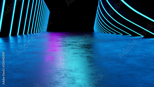Futuristic sci-fi blue neon light shapes on black background with blank space