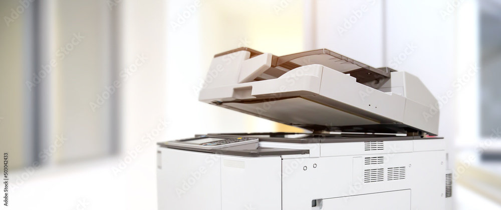 Copier printer, Close up the photocopier or photocopy machine office equipment workplace for scanner or scanning document and printing or copy paper duplicate and Xerox. - obrazy, fototapety, plakaty 