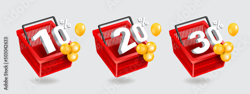 10%,20%,30% discount text, white in red shopping basket and with balloon tied in front of basket,vector 3d isolated on white background for promotional advertising design.