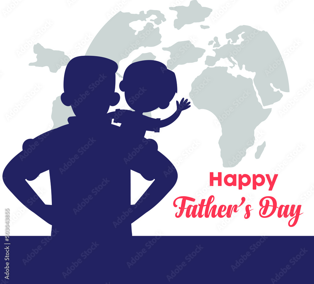 Silhouette Father and kid on his back. Happy Father's day. Colored flat graphic vector illustration isolated on background.