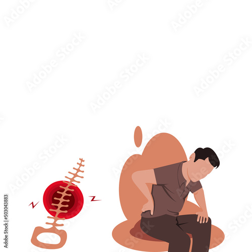 Vector flat design Side view of cartoon no face young man wearing a shirt and trousers, sitting with his hands on his back on brown background has a vertebra on the side that symbolizes waist pains. 