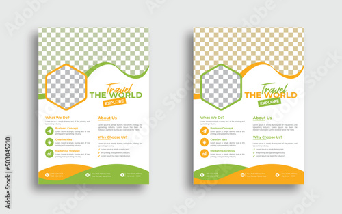 Travel poster or flyer pamphlet brochure design layout space for photo background. Yellow Travel flyer template for travel agency