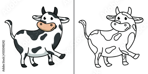 Cow Icon Cartoon. Mammal Character Symbol Vector Kids Coloring Book