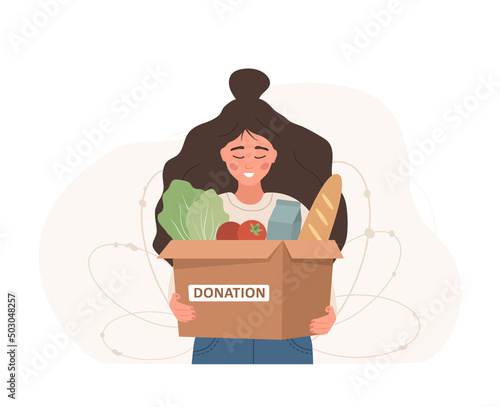 Food donation. Volunteer woman holding in hands cardboard box full of different products. Volunteering and social care concept. Support for poor people. Vector illustration in flat cartoon style.