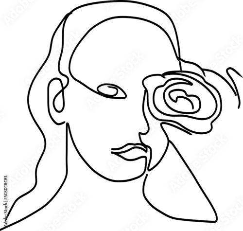 Beautiful woman face with flower drawing of continuous line vector illustration