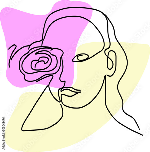 Beautiful woman face with flower drawing of continuous line vector illustration