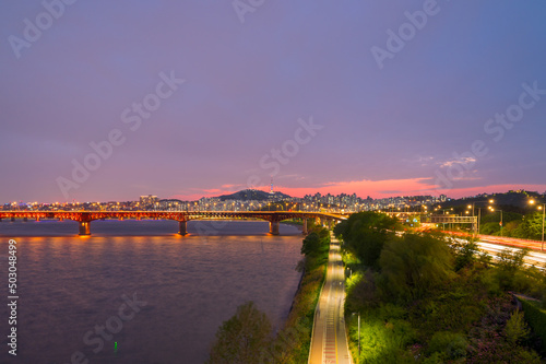 Along the Han River, Traffic and Sunset skyline of Seoul City. South Korea