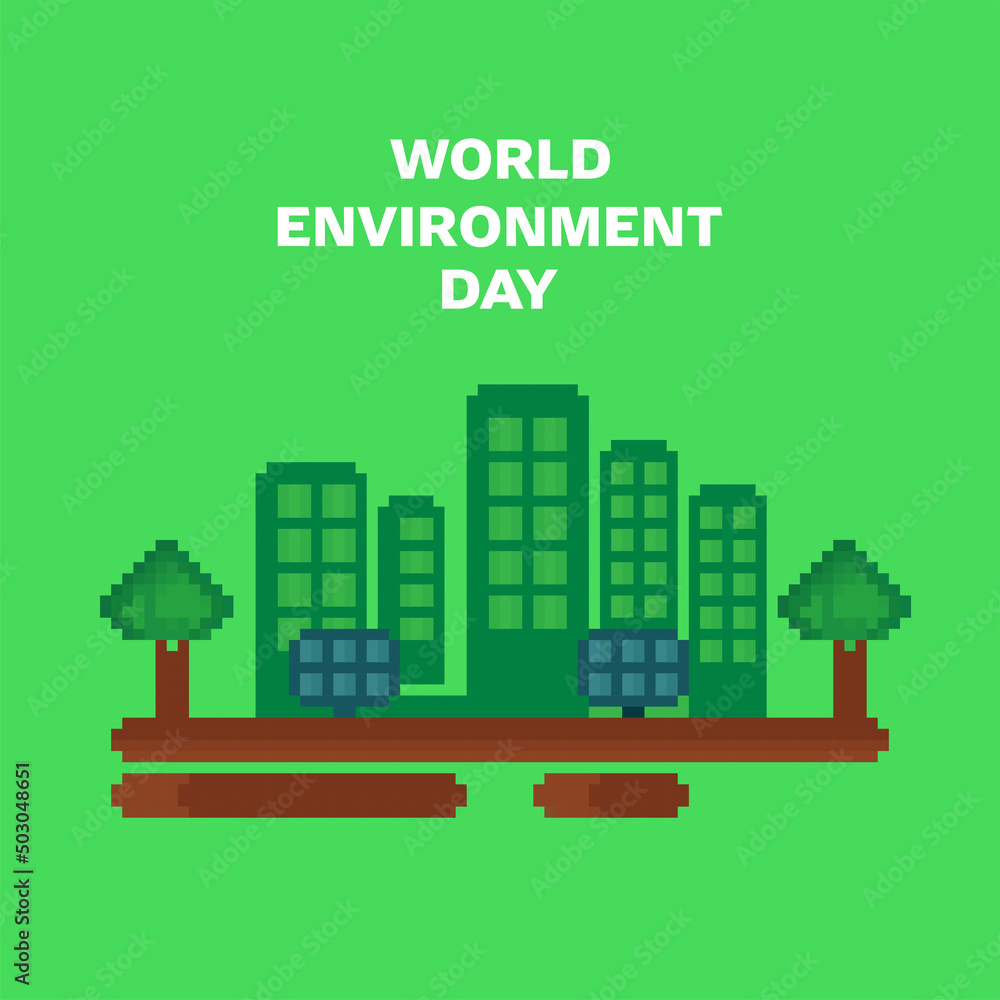 World Environment Day Concept With Pixel Art Buildings, Solar Panels And Trees On Green Background.