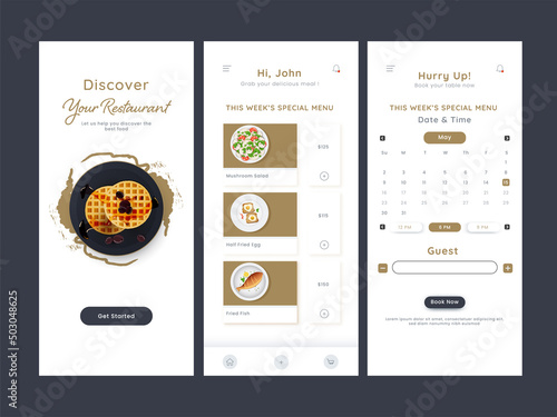 Set Of UI, UX, GUI Screens Restaurant Book A Table Or Reservation For Advertising.