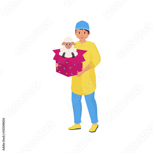 Islamic Young Boy Holding Sheep In Box On White Background.