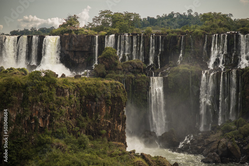 a view of the the many cascading waterfalls in Iguazu Falls  Brazil