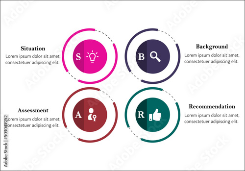 SBAR - Situation, Background, Assessment and Recommendation Acronym with Icons and Description placeholder in an Infographic template