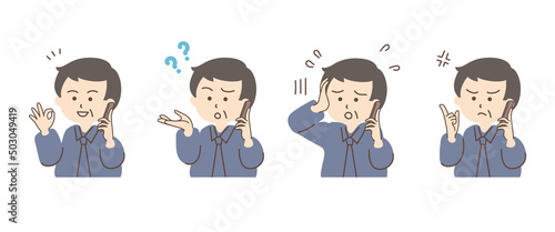 スマホで通話している男性のシンプルなイラストセット_C05【七三分け】