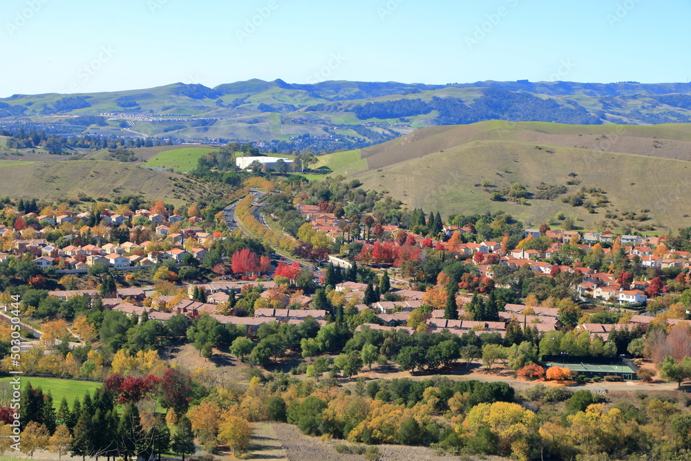 Aerial view of Autumn foliage in the East Bay of San Francisco, California