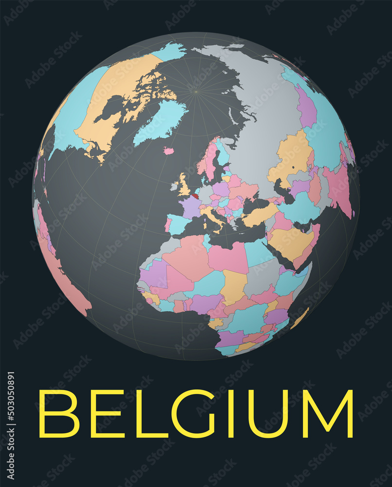 World map centered to Belgium. Red country highlighted. Satellite world view centered to country with name. Vector Illustration.