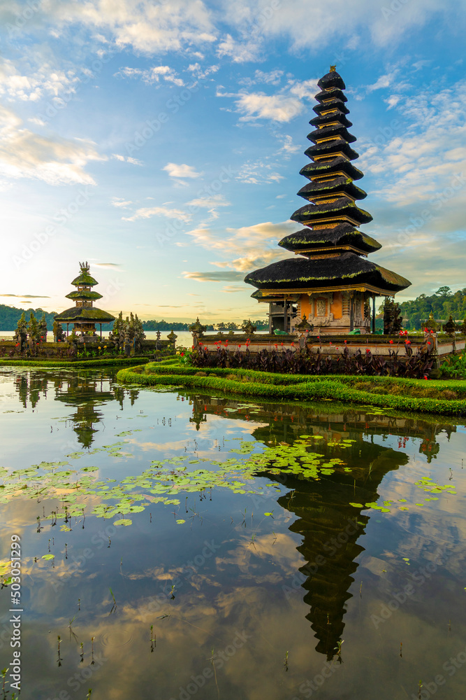 Pura Ulun Danu Bratan, Hindu temple on Bratan lake landscape, one of famous tourist attraction in Bali, Indonesia Pura Ulun Danu Bratan, Hindu temple on Bratan lake landscape, one of famous tourist attraction in Bali, Indonesia