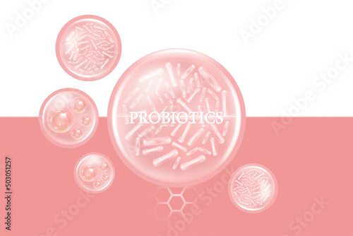 Probiotics and Hyaluronic acid skin solutions ad, pink vitamins serum drop with cosmetic advertising background ready to use, illustration vector.	