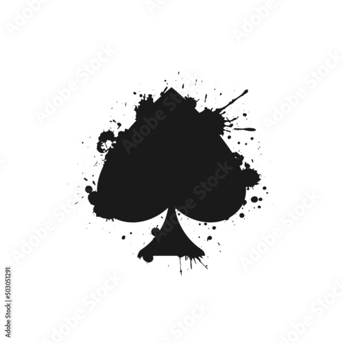 Poker playing cards ink grunge symbol Spades with paint splaches. Playing card deck, suit icon. Casino, game, party symbol. Luck, mystery sign.