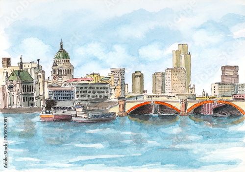 River Thames in London. Ink and watercolor on paper.