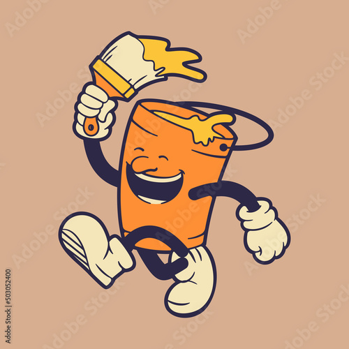 Vector illustration running paint bucket mascot holding paint brush. Retro vintage mascot illustration.
