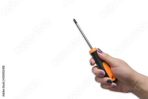 Fotografia Woman hand holding screwdriver isolated on white background