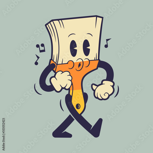 Vector illustration paint brush mascot character walking and listening in to music. Retro vintage mascot illustration.