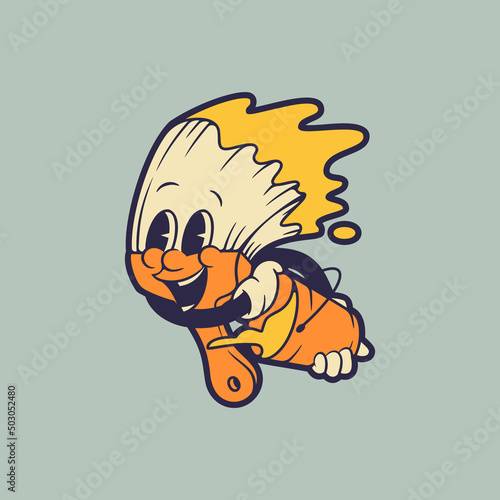 Vector illustration laughing paint brush holding on to paint bucket full of paint. Retro vintage mascot illustration.