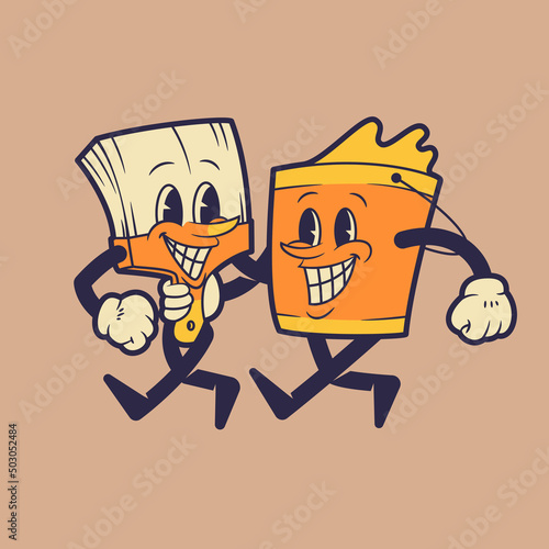 Vector illustration paint bucket and paint brush mascot walking together. Retro vintage mascot illustration.