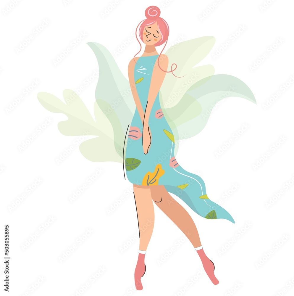 Cute fairytale girl or ballerina. Lovely modern character in a beautiful blue dress. Vector isolated illustration in cartoon flat style.