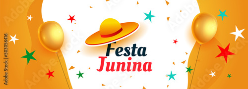 festa junina event banner with balloons and stars