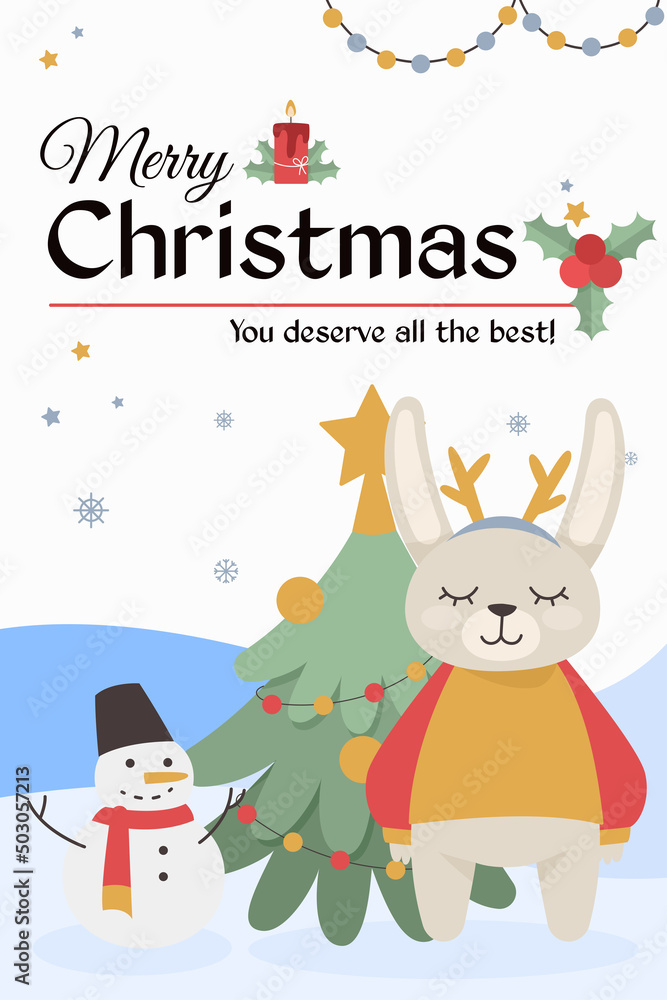 Postcards on New Year and Christmas. A rabbit stands near a Christmas tree and a snowman. Vector illustration
