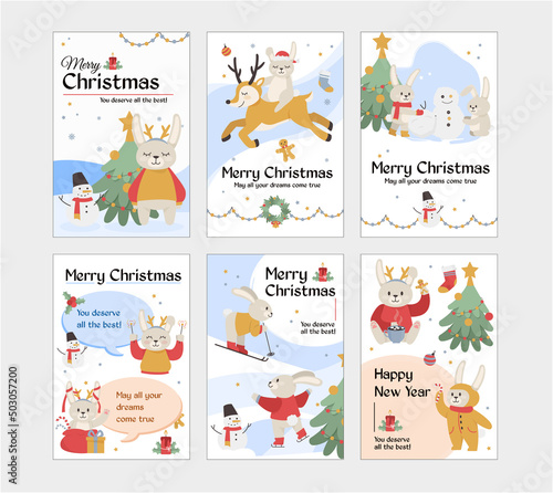 Postcards on New Year and Christmas. A rabbit stands near a Christmas tree, riding a deer. The bunny open gifts and decorates the Christmas tree. Vector illustration