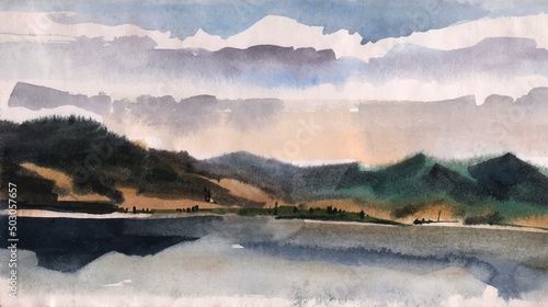 Cloudy day on the lake, summer, landscape watercolors.