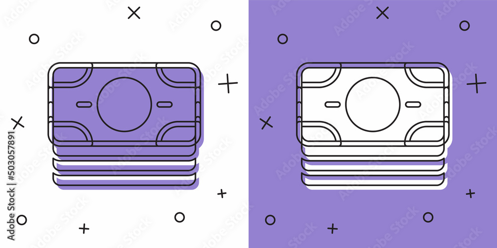 Set Stacks paper money cash icon isolated on white and purple background. Money banknotes stacks. Bill currency. Vector Set Stacks paper money cash icon isolated on white and purple background. Money banknotes stacks. Bill currency. Vector