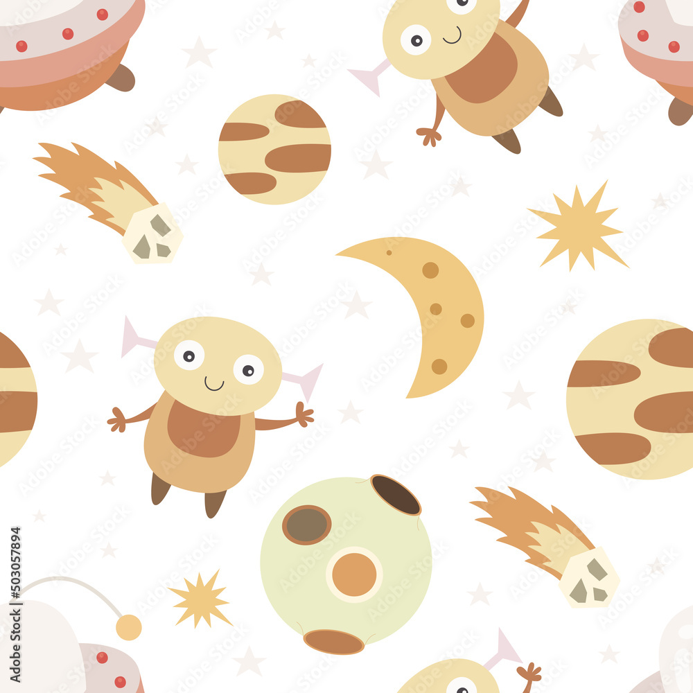 Space Seamless Pattern with space characters - alien, moon, flying saucer. Vector Illustration. Great for baby clothes, nursery decor, wrapping paper. Space Seamless Pattern with space characters - alien, moon, flying saucer. Vector Illustration. Great for baby clothes, nursery decor, wrapping paper.