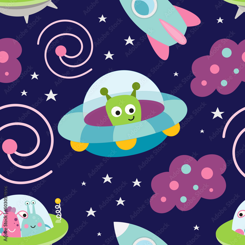 Space Seamless Pattern with space characters – Funny Aliens, UFO, Rockets Ship on cosmic background. Vector Illustration. Great for baby clothes, nursery decor, wrapping paper.