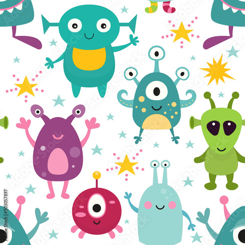 Space Seamless Pattern with space characters – Funny Monsters on white background. Vector Illustration. Great for baby clothes, nursery decor, wrapping paper.