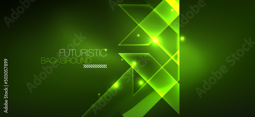 Background neon glowing lines and geometric shapes. Lights in the dark wallpaper for concept of AI technology, blockchain, digital, communication, 5G, science