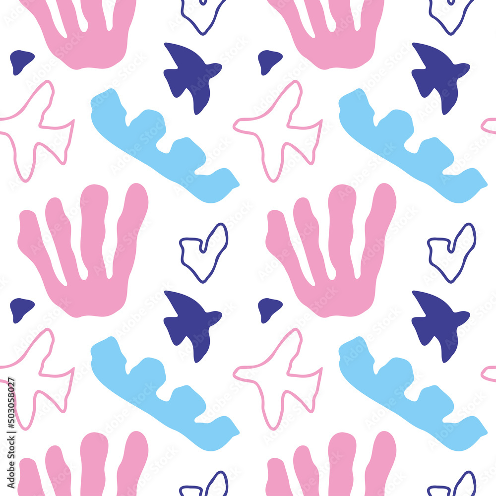 Hand drawn abstract shapes and lines. Pink blue pastel colors. Seamless vector pattern for packaging design, fabric, prints and textiles. Simple shapes, hearts and birds in modern doodle style Hand drawn abstract shapes and lines. Pink blue pastel colors. Seamless vector pattern for packaging design, fabric, prints and textiles. Simple shapes, hearts and birds in modern doodle style