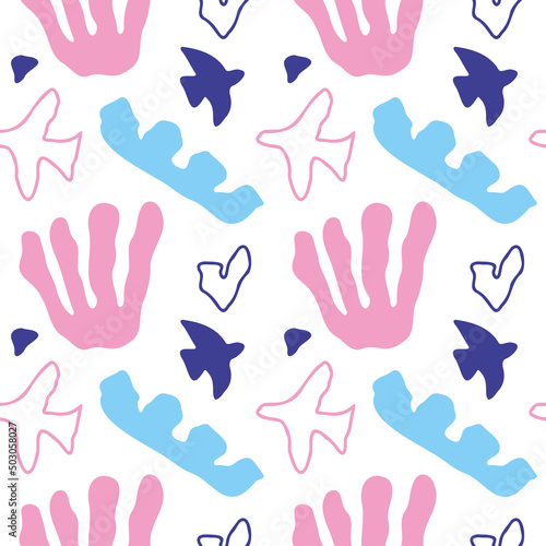 Hand drawn abstract shapes and lines. Pink blue pastel colors. Seamless vector pattern for packaging design  fabric  prints and textiles. Simple shapes  hearts and birds in modern doodle style